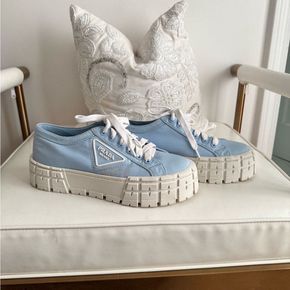 Prada Blue Nylon Platform Sneakers with White Lug Soles
